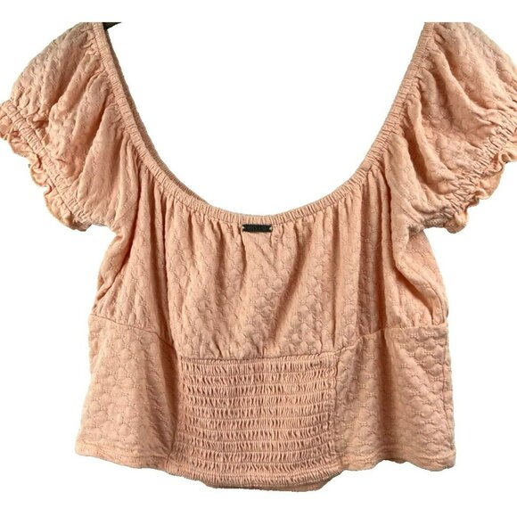 Billabong Top L Crop Puff Sleeve Off Shoulder Ruffle Blouse Boho Beach Stretch - Picture 5 of 6